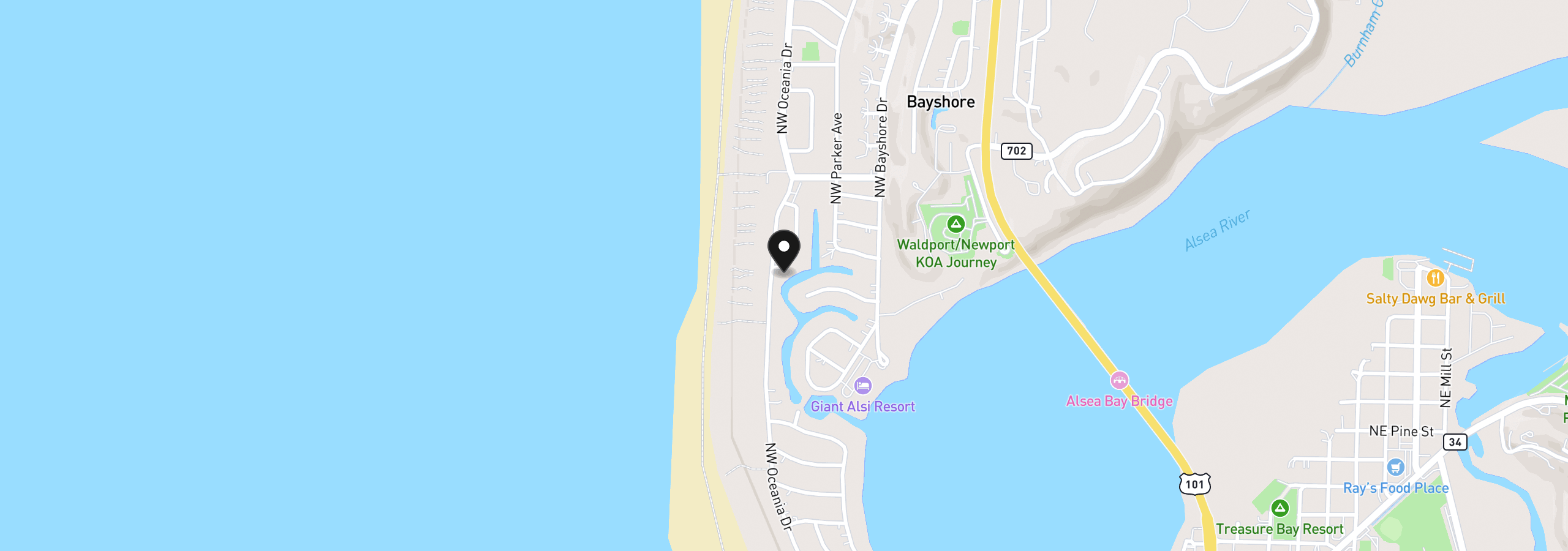 Map showing the location of 1001 NW Pacific Way, Waldport, OR 97394