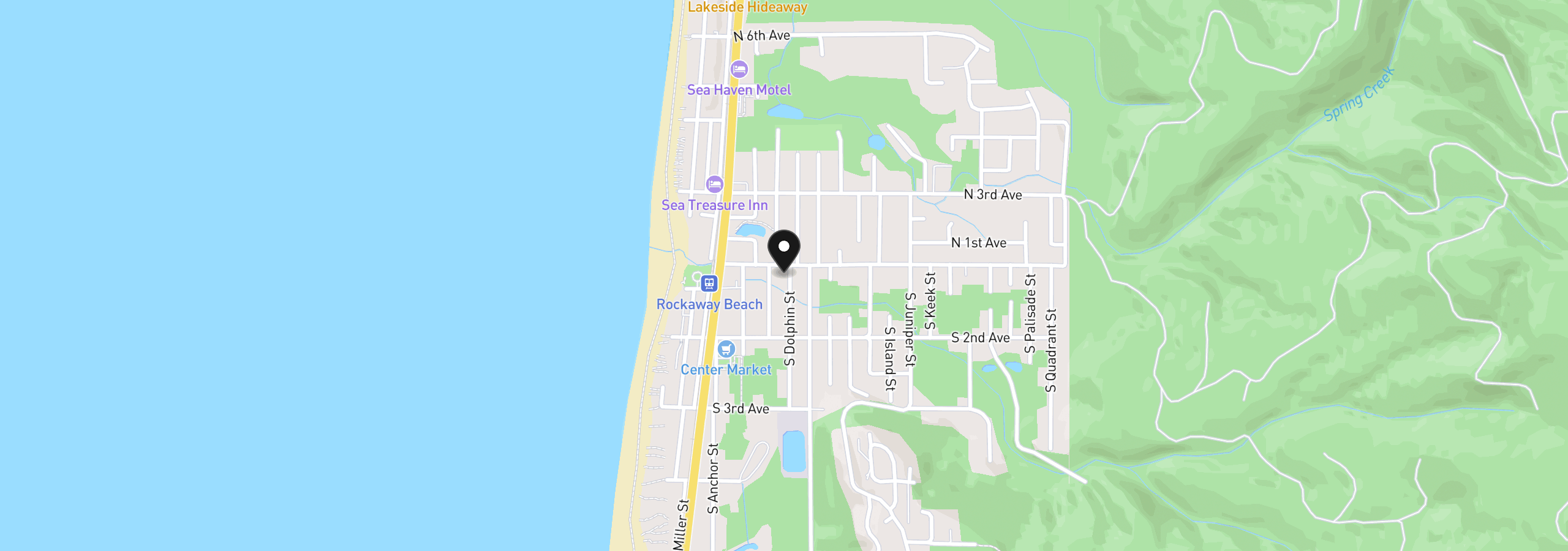 Map showing the location of 111 S Dolphin St, Rockaway Beach, OR 97136