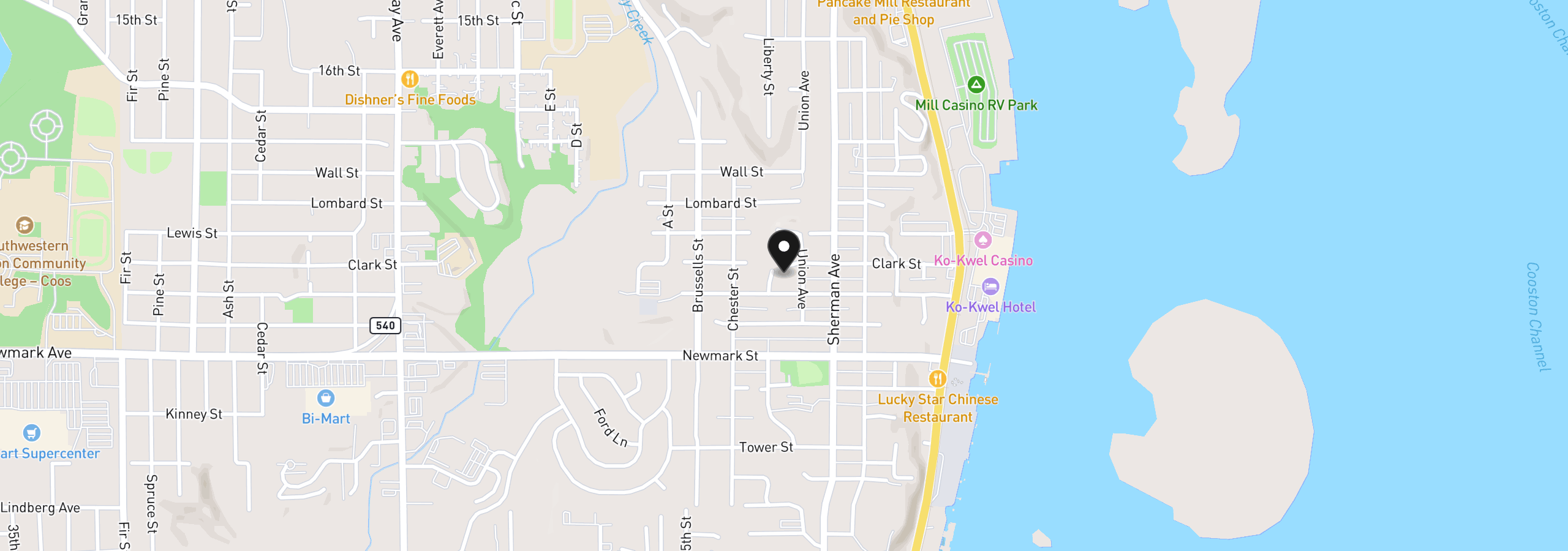 Map showing the location of 853 Clark St, North Bend, OR 97459