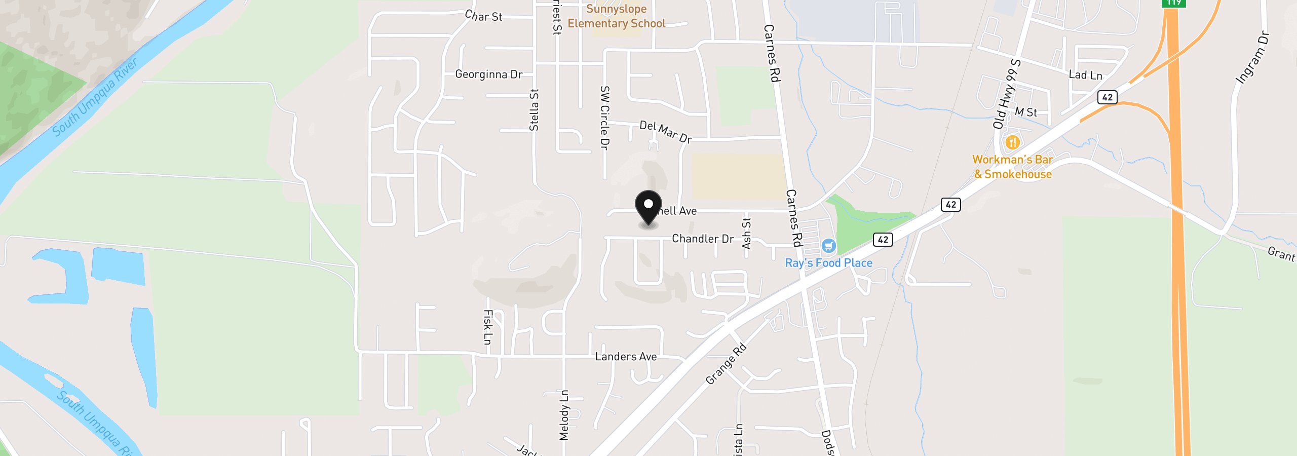Map showing the location of 439 Chandler Dr, Roseburg, OR 97471