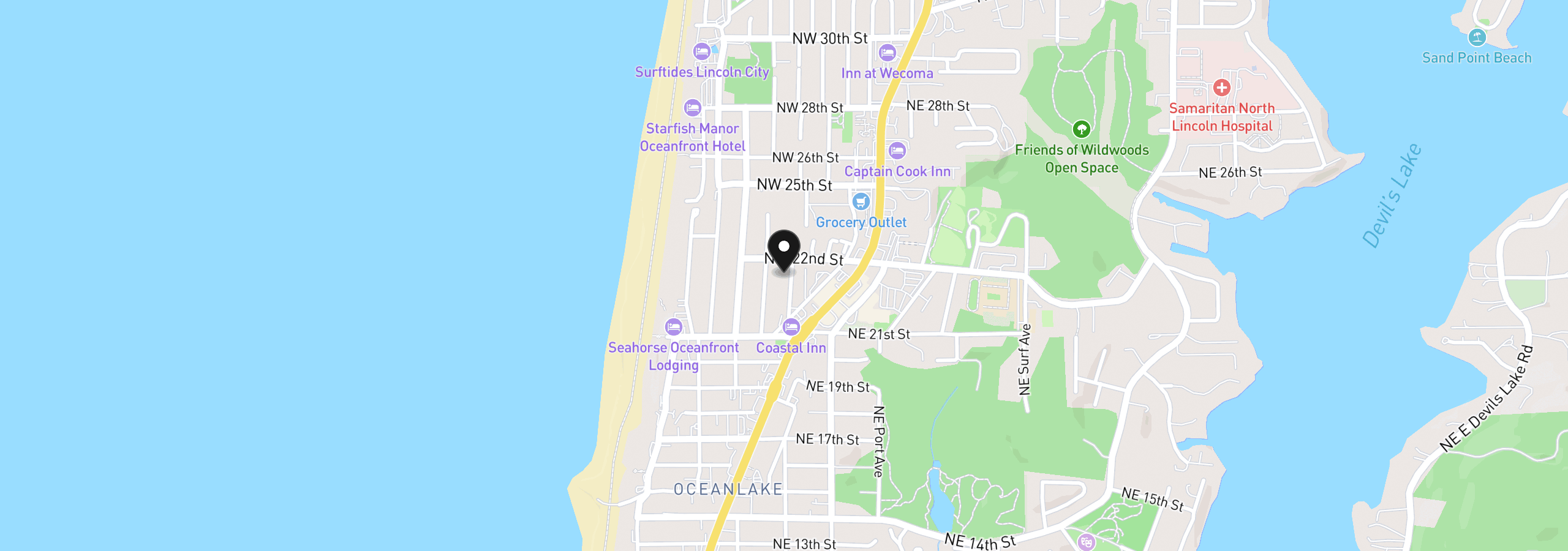 Map showing the location of 2166 NW Mast Ave, Lincoln City, OR 97367