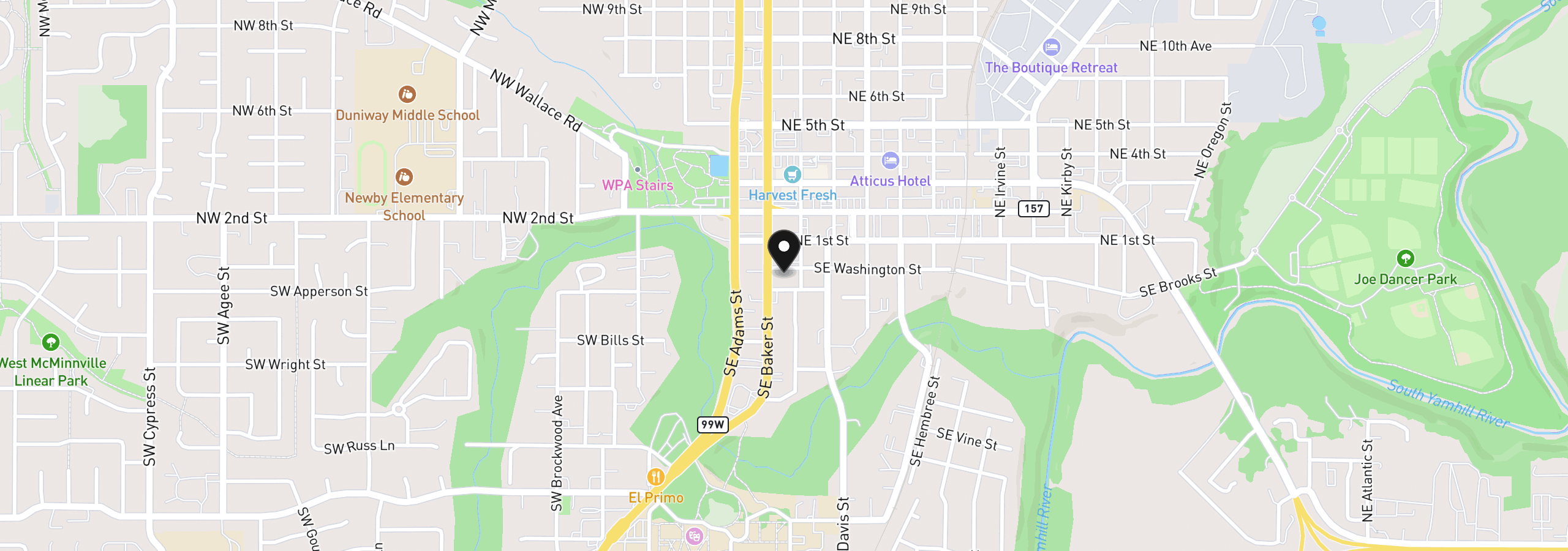 Map showing the location of 218 SE Washington St, McMinnville, OR 97128