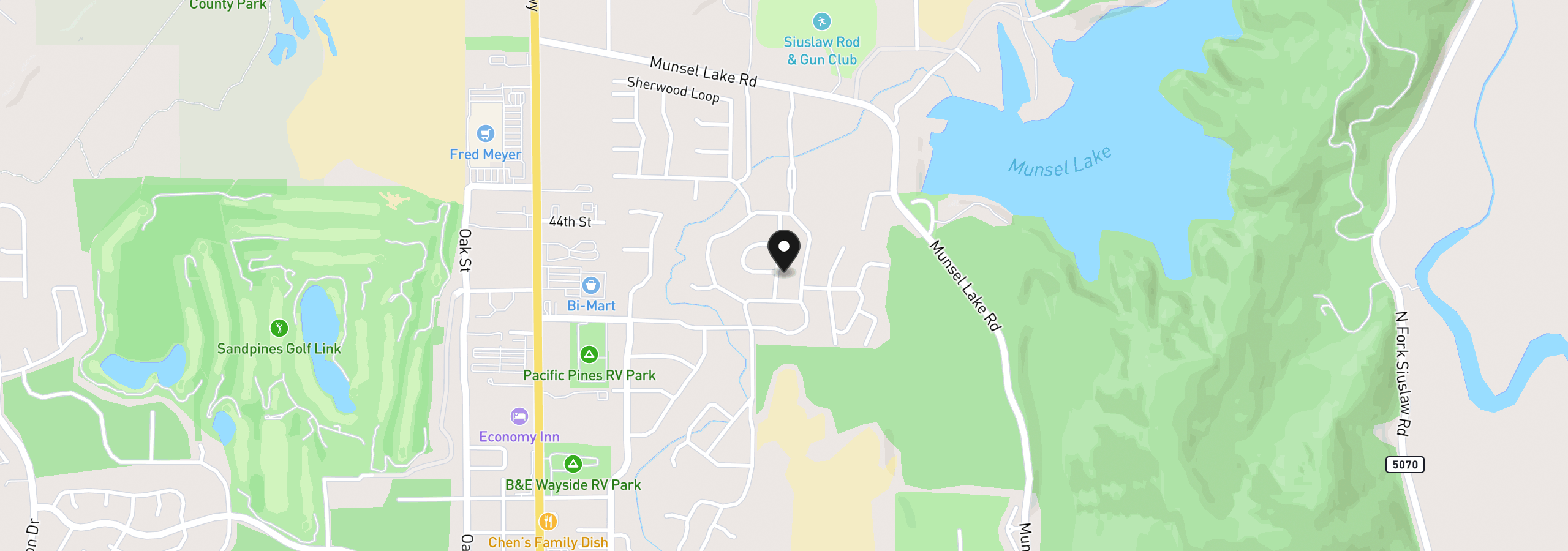 Map showing the location of 129 Evergreen Ln, Florence, OR 97439
