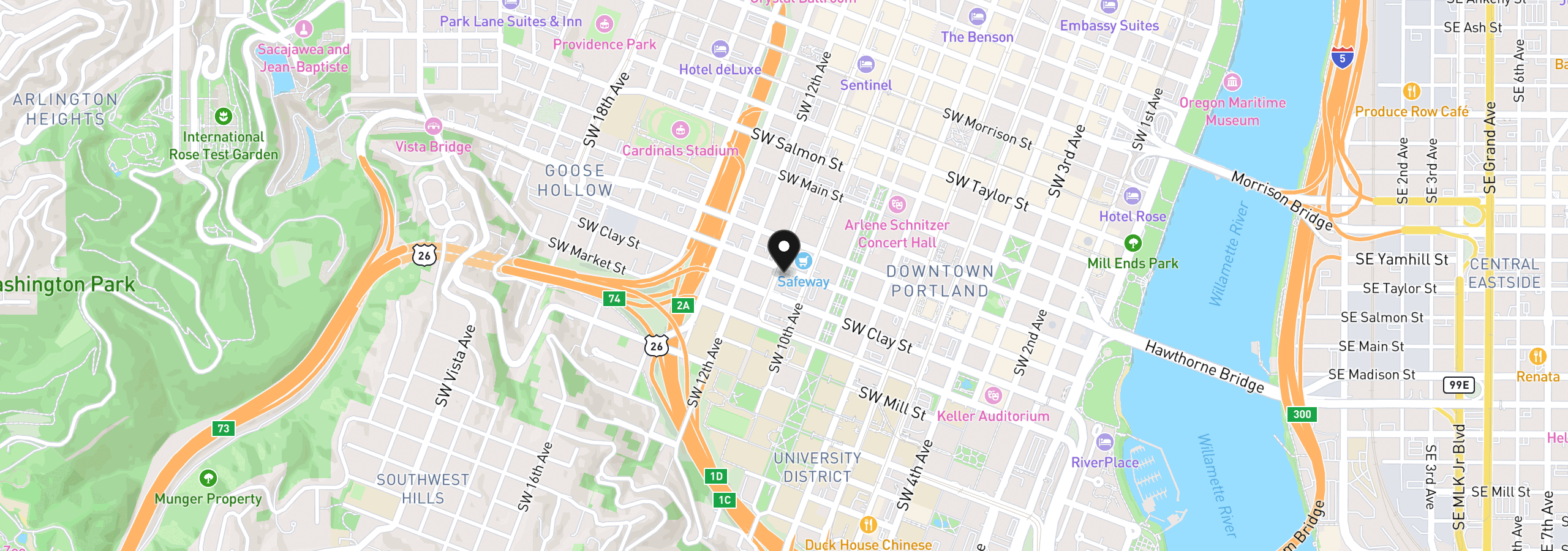Map showing the location of 1410 SW 11th Ave 106, Portland, OR 97201