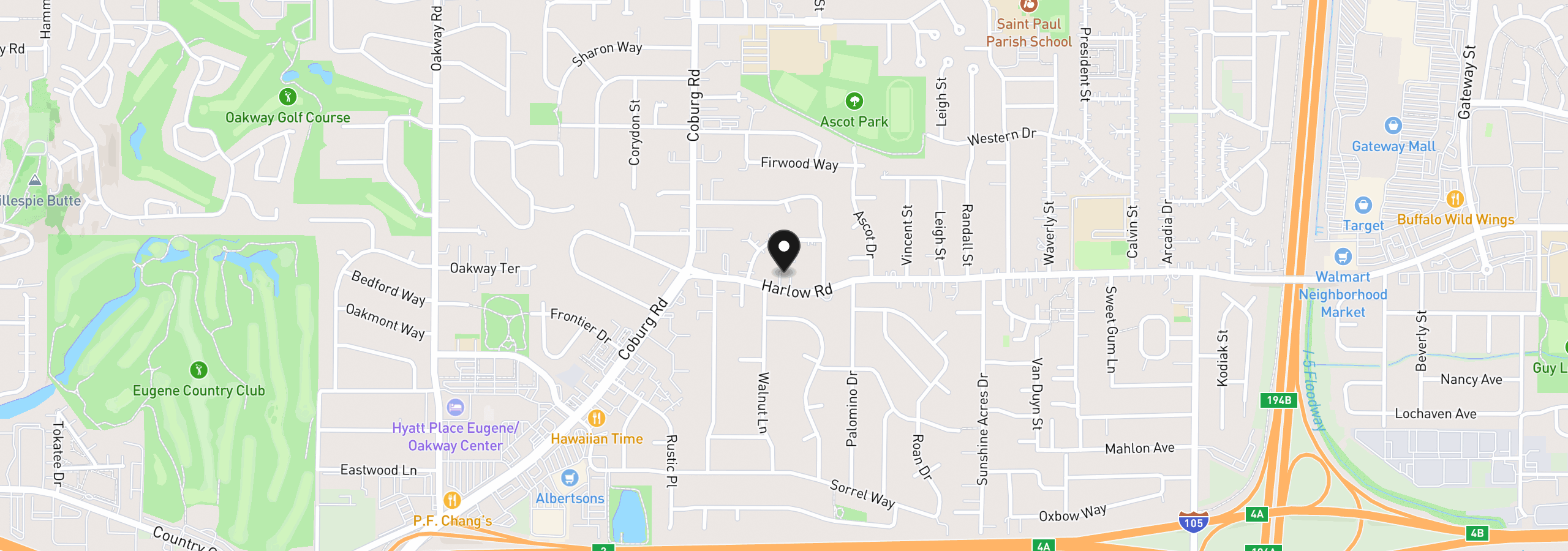 Map showing the location of 2845 Harlow Rd, Eugene, OR 97401