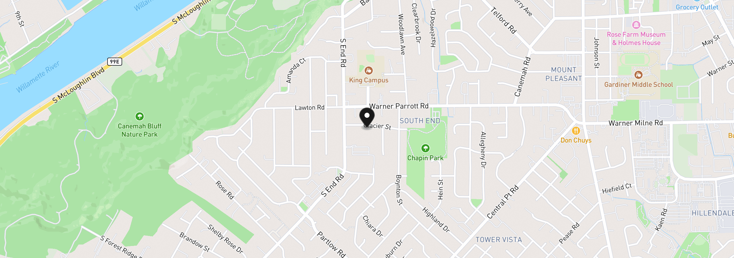 Map showing the location of 140 Glacier St, Oregon City, OR 97045