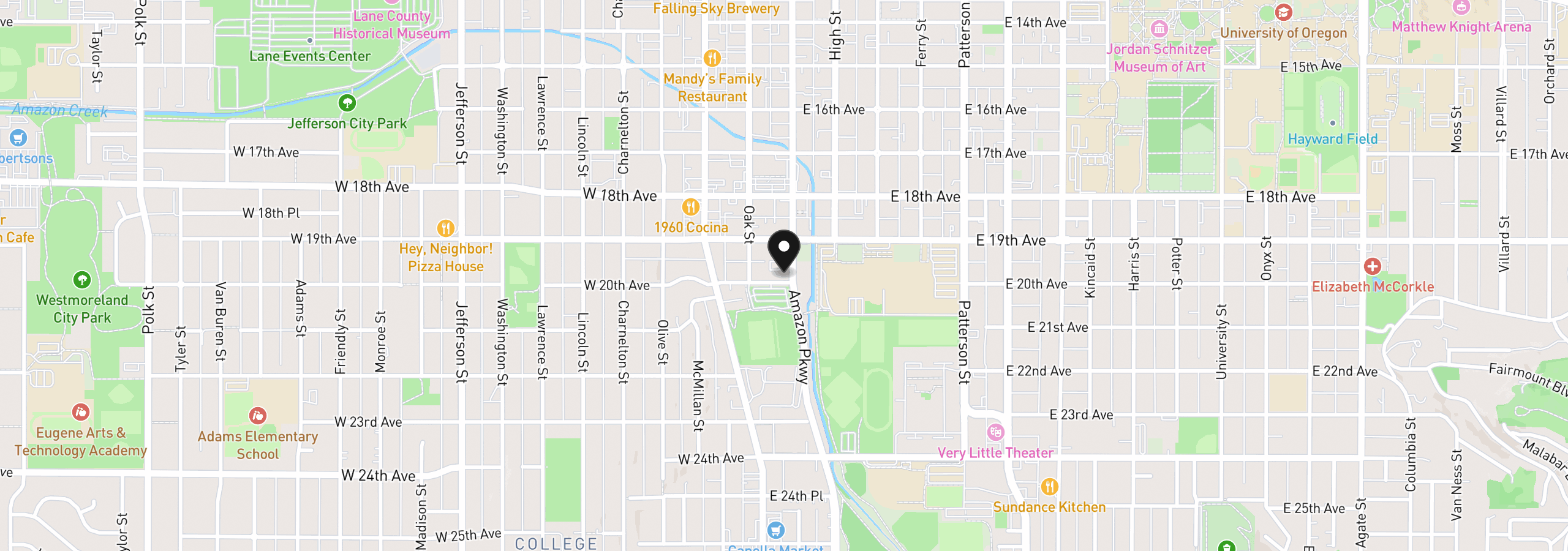 Map showing the location of 193 E 20th Ave, Eugene, OR 97405