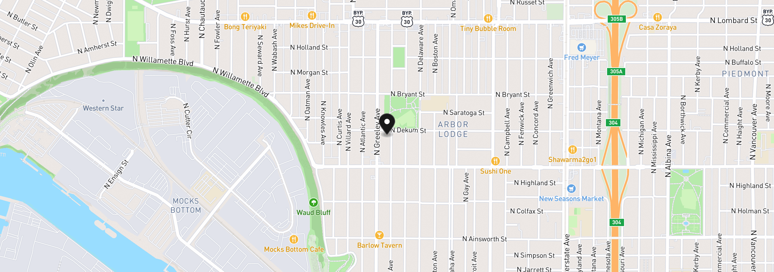 Map showing the location of 6725 N Burrage Ave, Portland, OR 97217