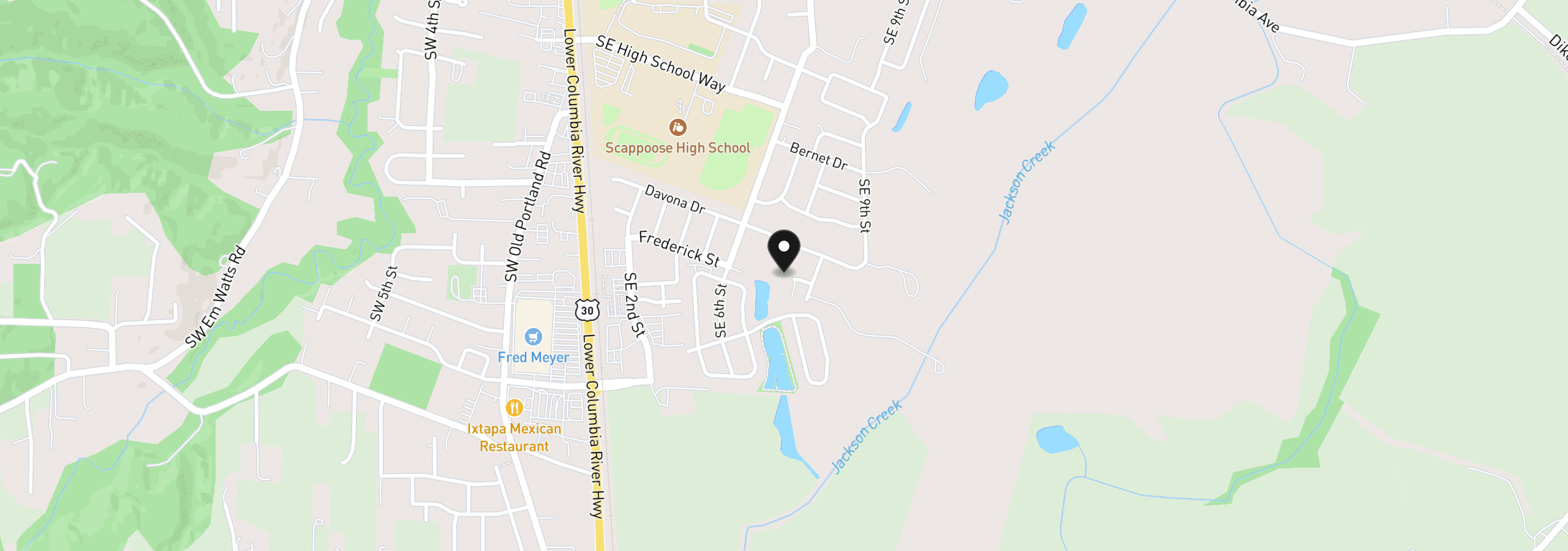 Map showing the location of 33940 SE Erika Ct, Scappoose, OR 97056