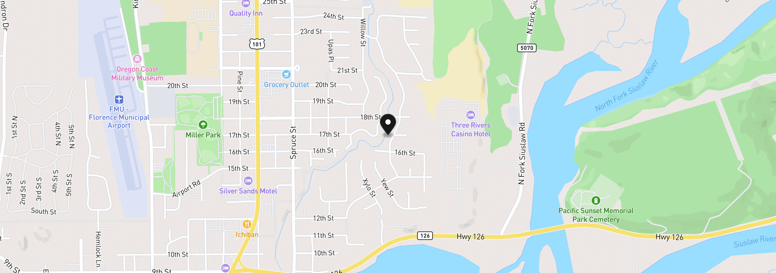 Map showing the location of 1639 Willow Loop, Florence, OR 97439