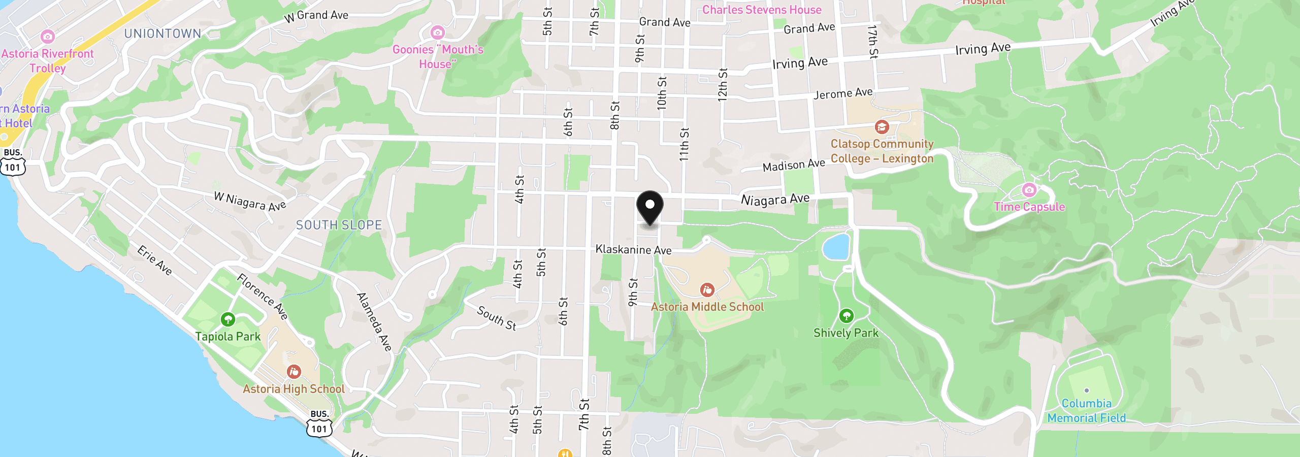 Map showing the location of 965 James St, Astoria, OR 97103