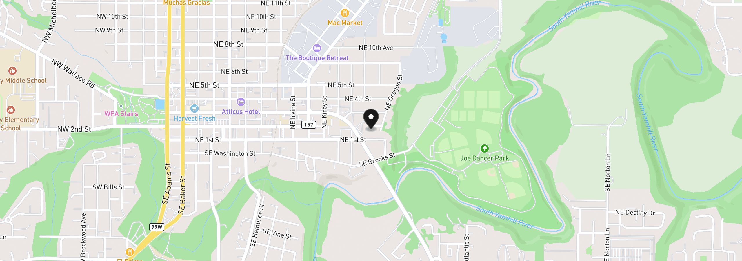 Map showing the location of 1424 NE 2nd Ct, McMinnville, OR 97128