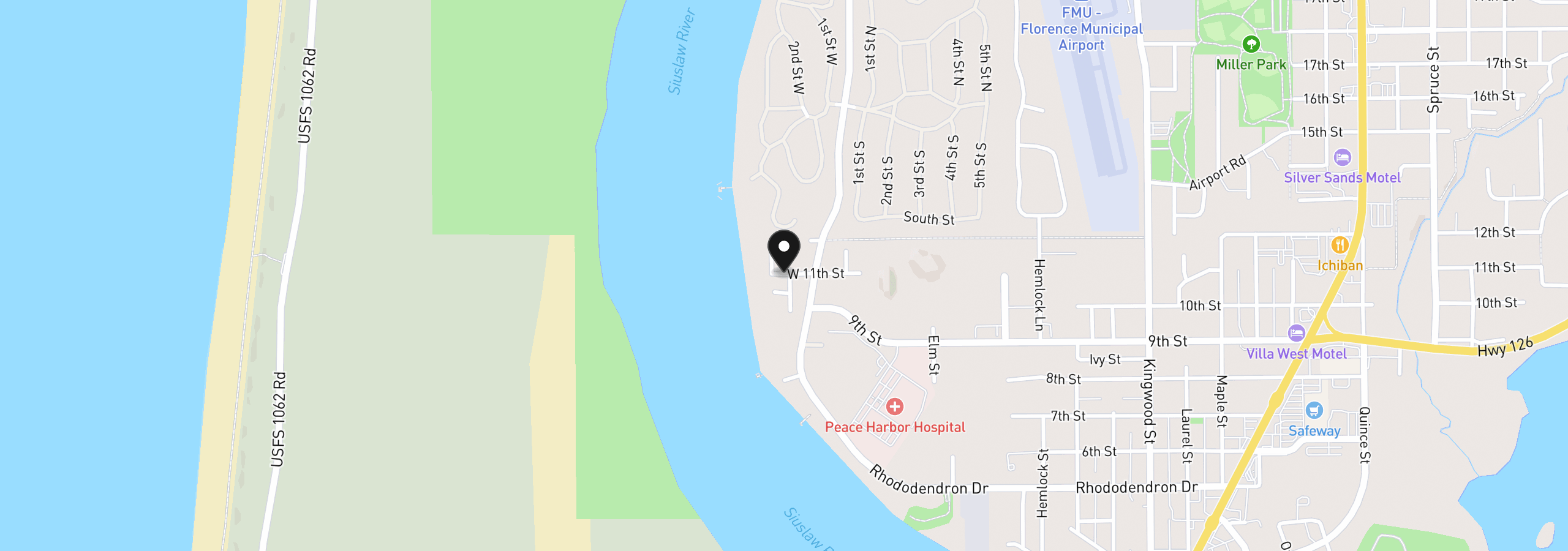 Map showing the location of 200 11th St, Florence, OR 97439