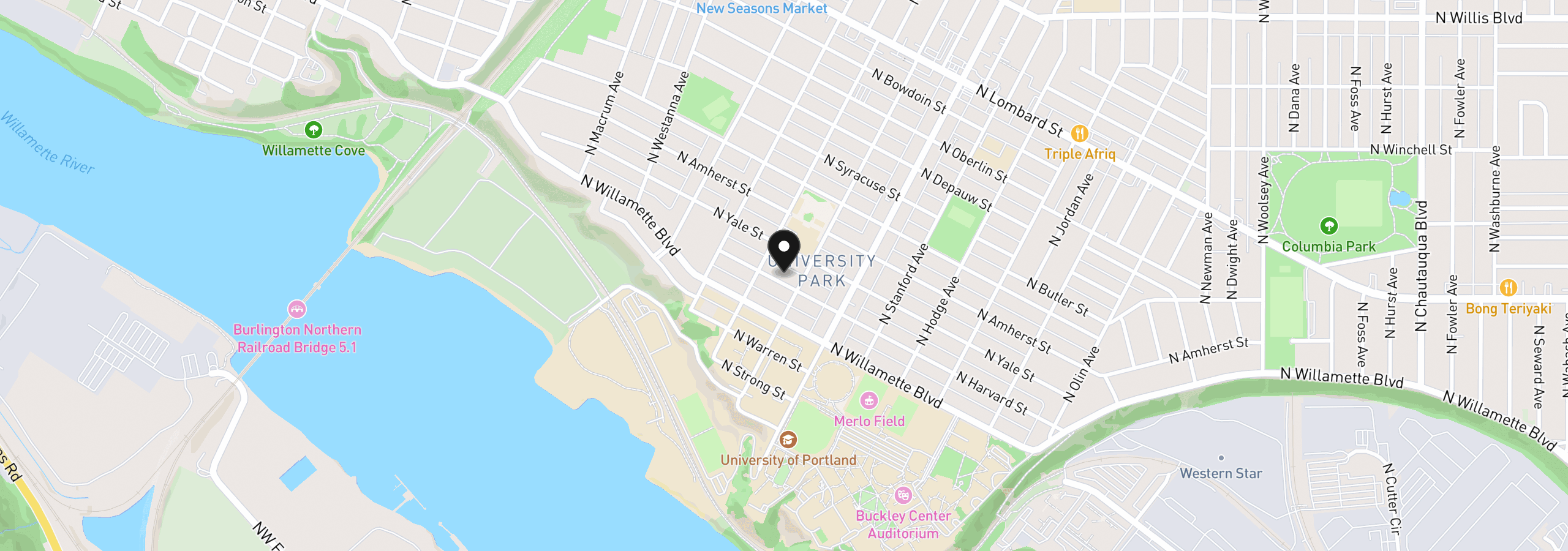 Map showing the location of 5545 N Harvard St, Portland, OR 97203
