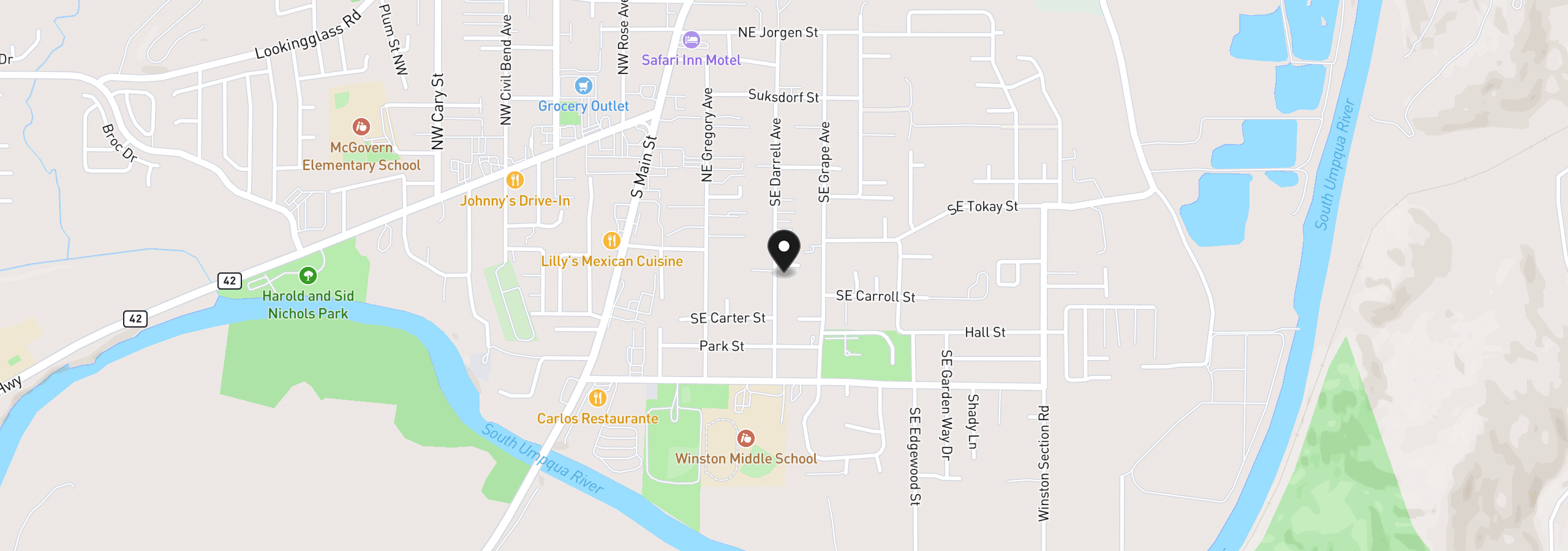 Map showing the location of 340 SE Darrell Ave, Winston, OR 97496