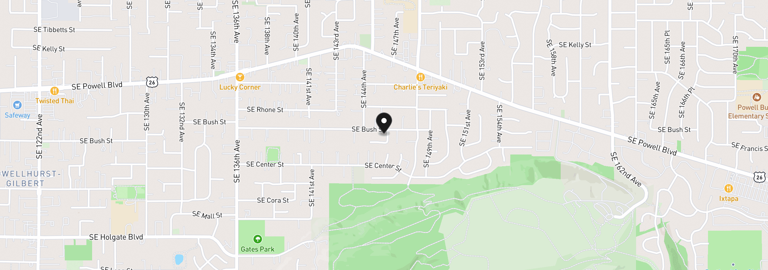 Map showing the location of 14556 SE Bush St, Portland, OR 97236