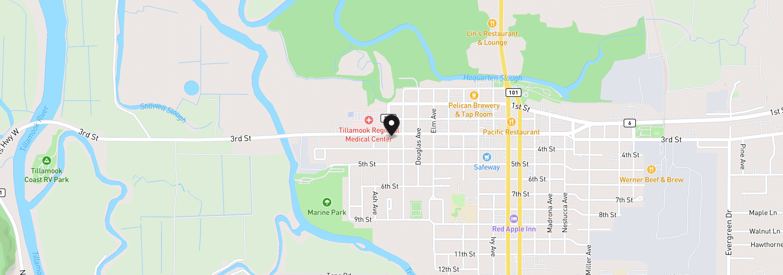 Map showing the location of 1203 3rd St, Tillamook, OR 97141
