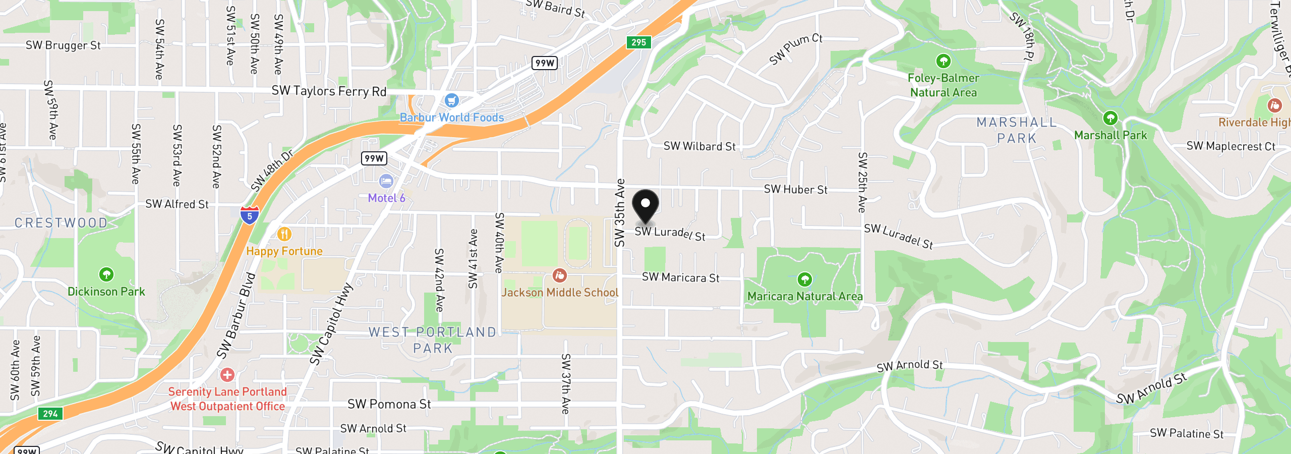Map showing the location of 3349 SW Luradel St, Portland, OR 97219