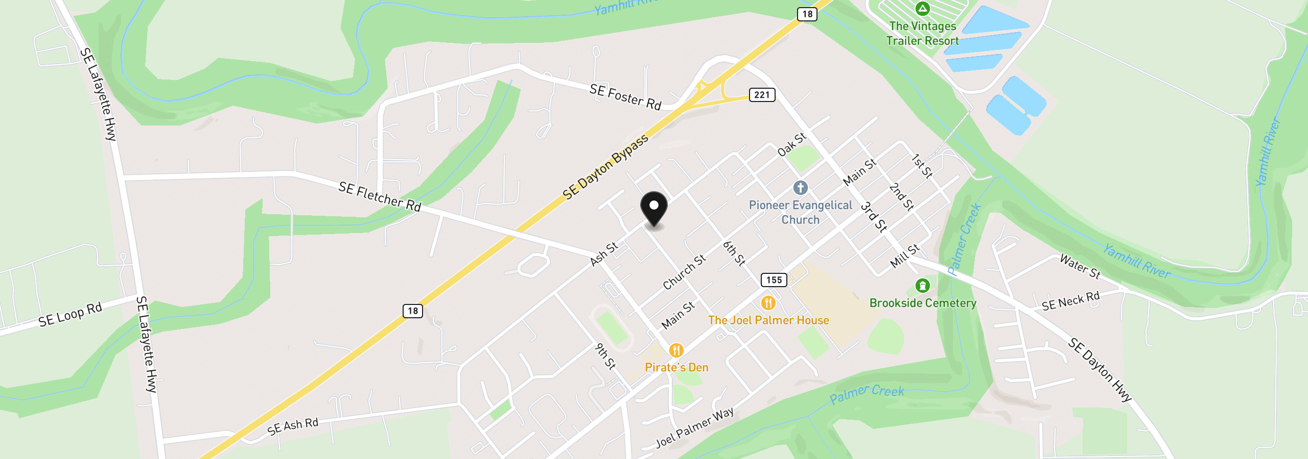 Map showing the location of 101 7th St, Dayton, OR 97114