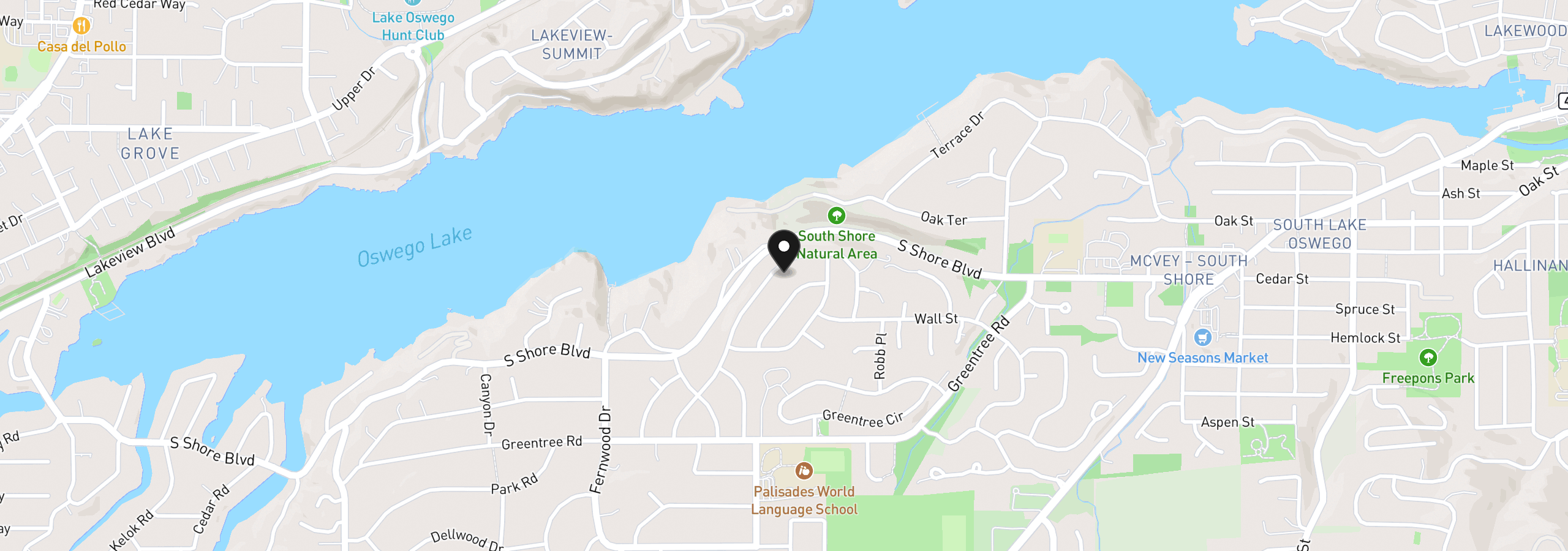 Map showing the location of 1590 Woodland Ter, Lake Oswego, OR 97034