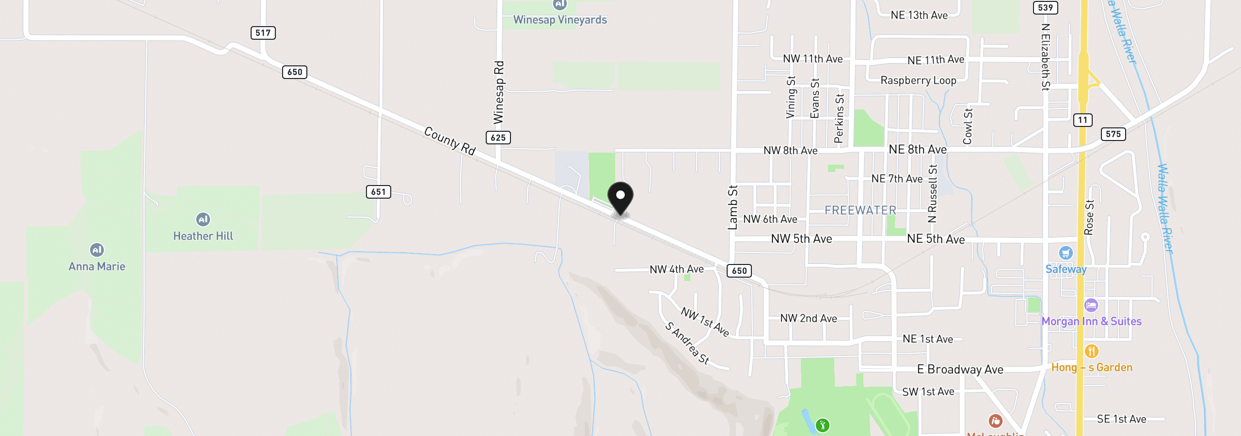 Map showing the location of 000 County Rd, Milton-Freewater, OR 97862