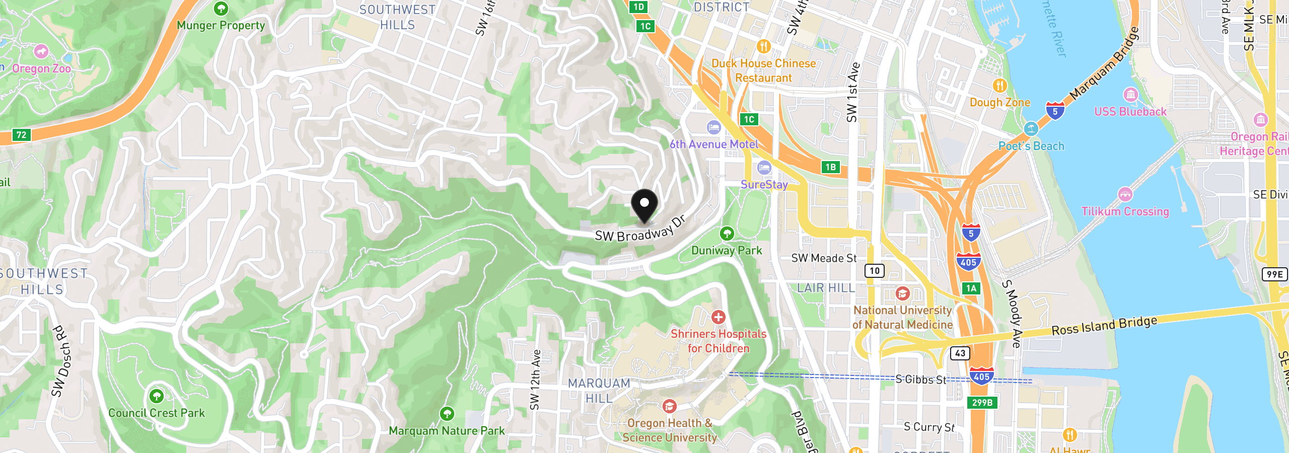 Map showing the location of 847 SW Broadway Dr 32, Portland, OR 97201