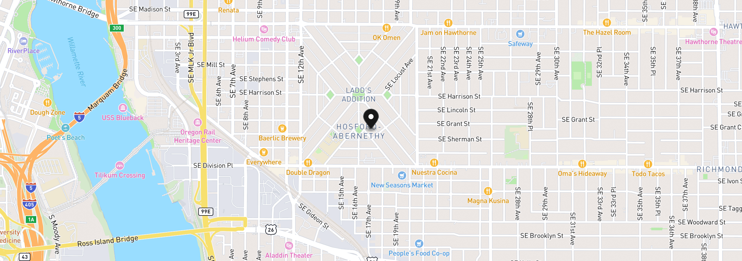 Map showing the location of 2212 SE Tamarack Ave, Portland, OR 97214