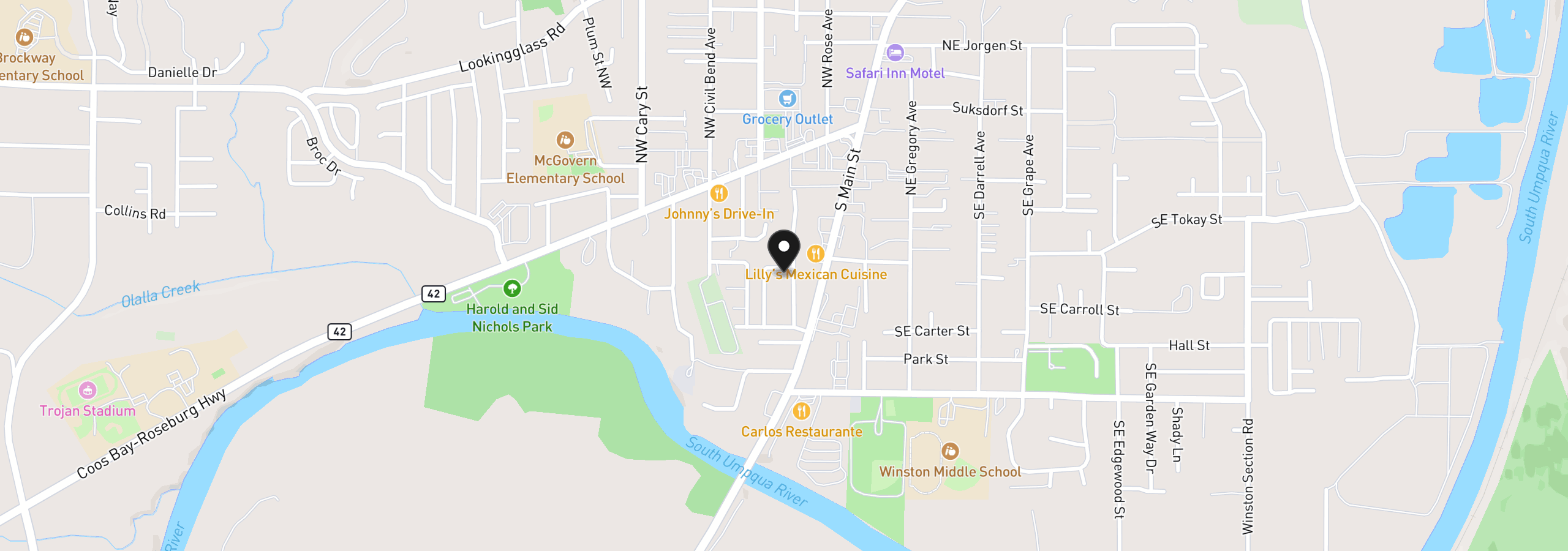Map showing the location of 10 SW Peach Ln, Winston, OR 97496