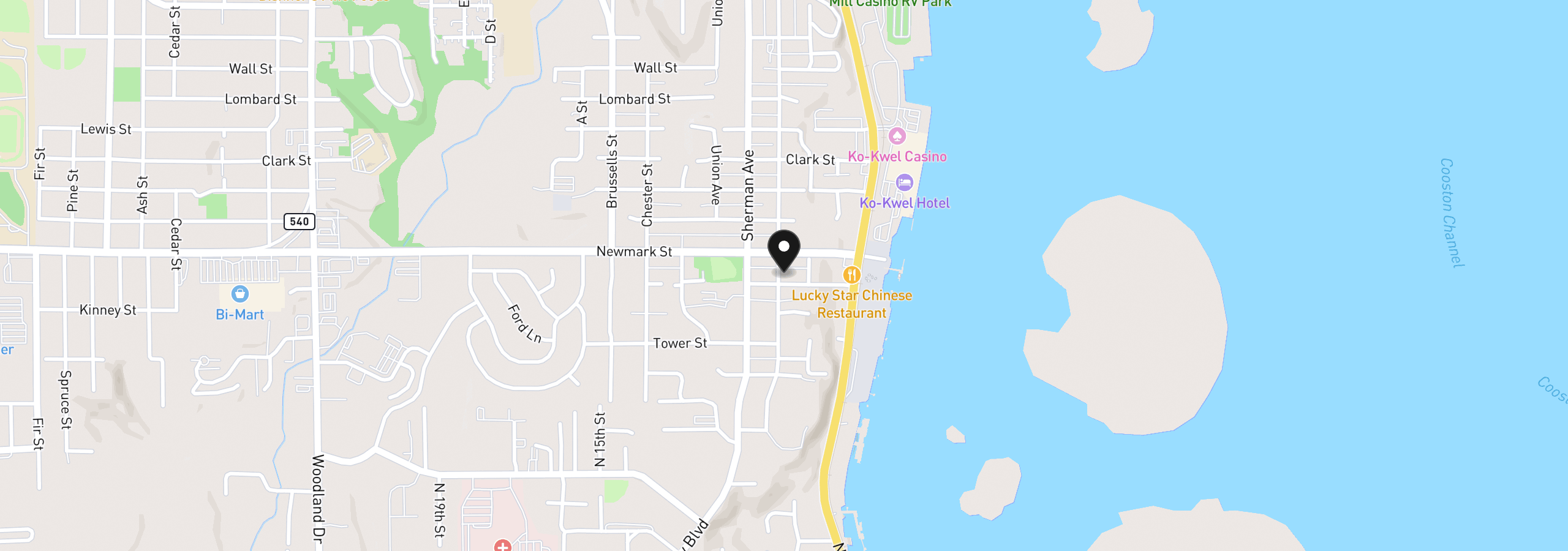 Map showing the location of 584 Exchange St, North Bend, OR 97459