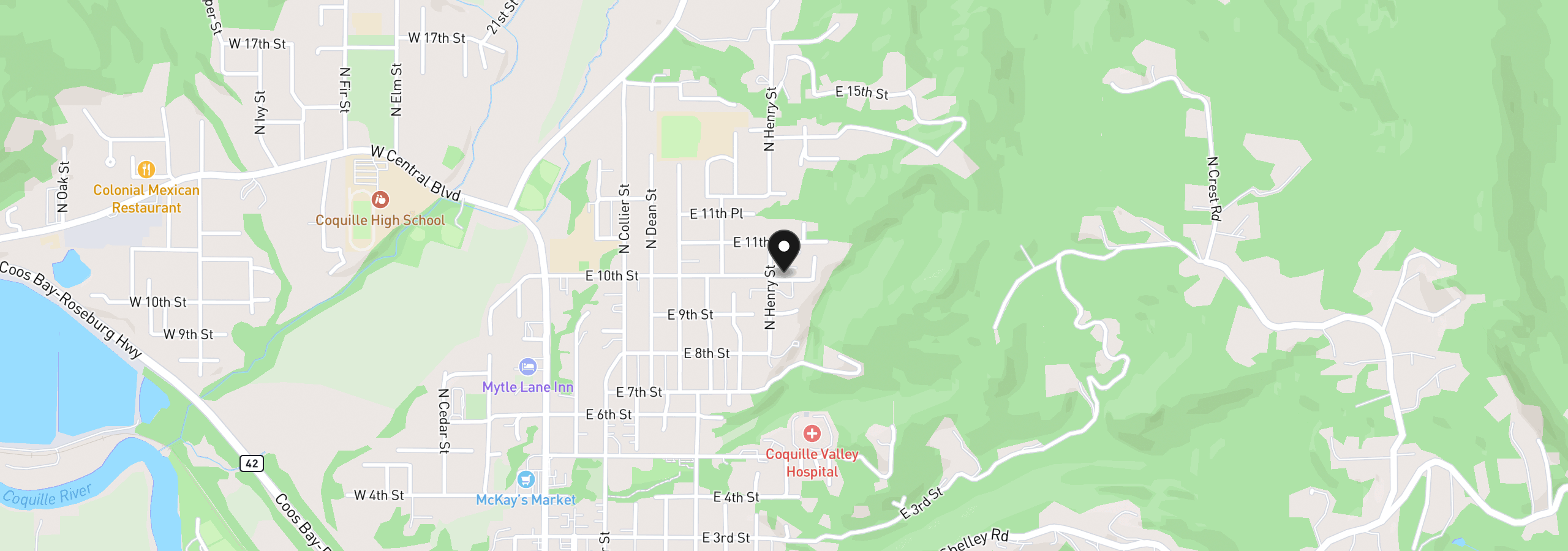 Map showing the location of 830 E 10th St, Coquille, OR 97423