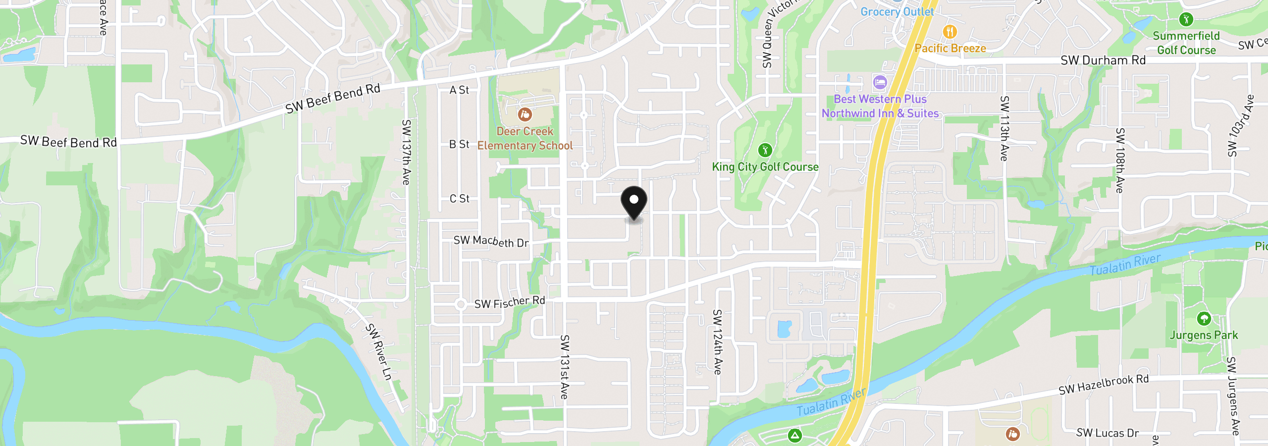 Map showing the location of 16696 SW Jordan Way, King City, OR 97224