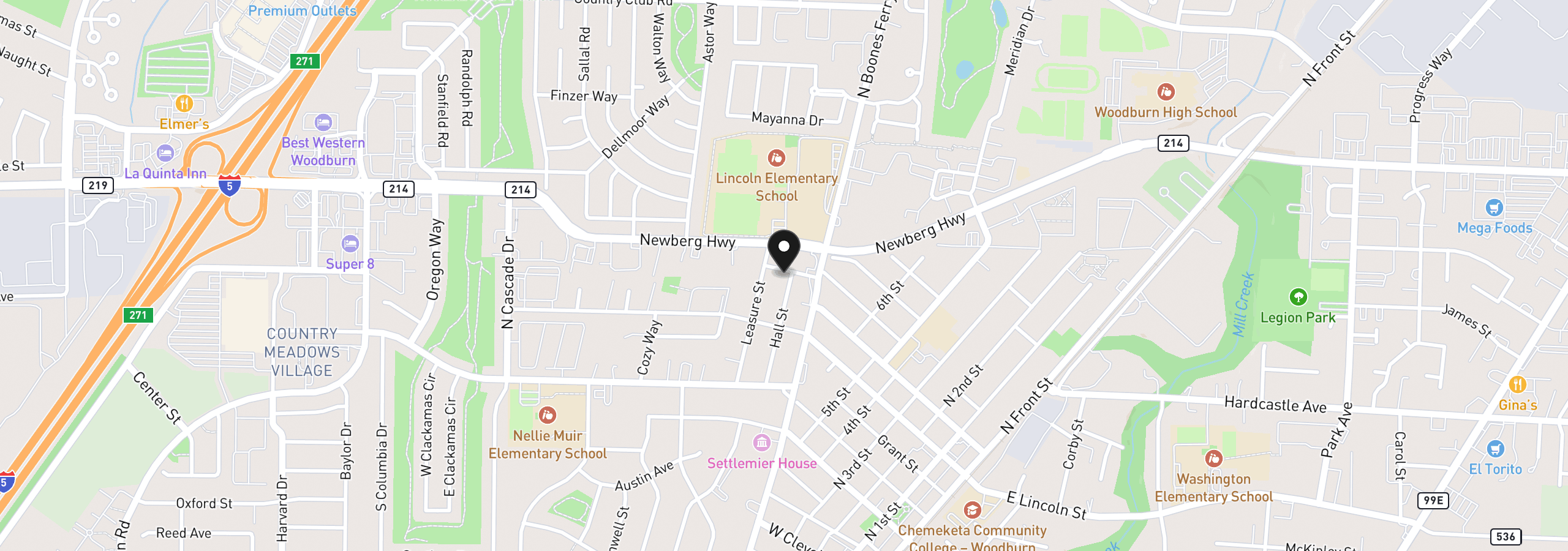 Map showing the location of 789 Hall St, Woodburn, OR 97071