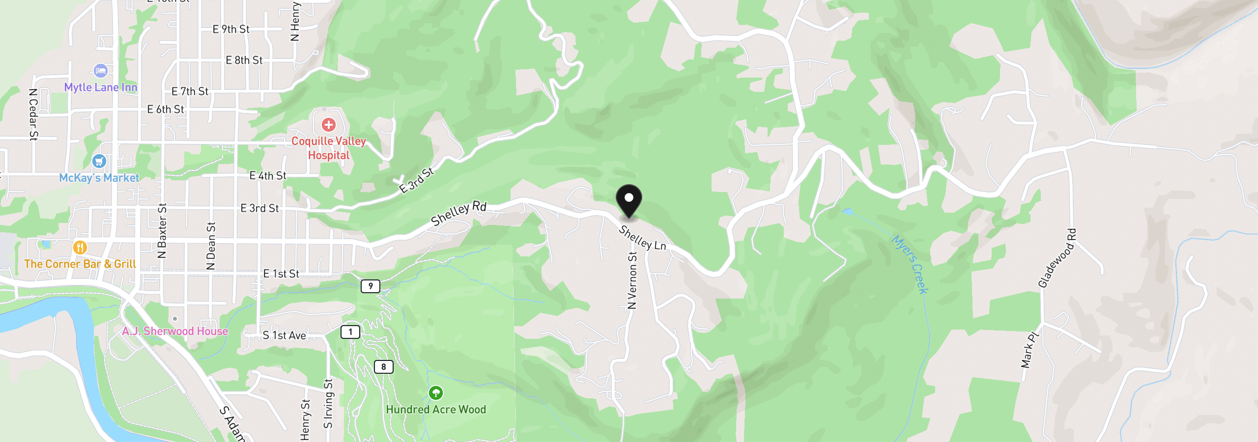 Map showing the location of 2100 Shelley Rd, Coquille, OR 97423