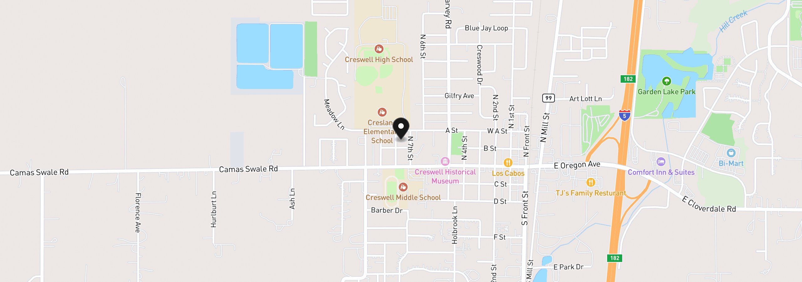 Map showing the location of 132 N 8th St, Creswell, OR 97426