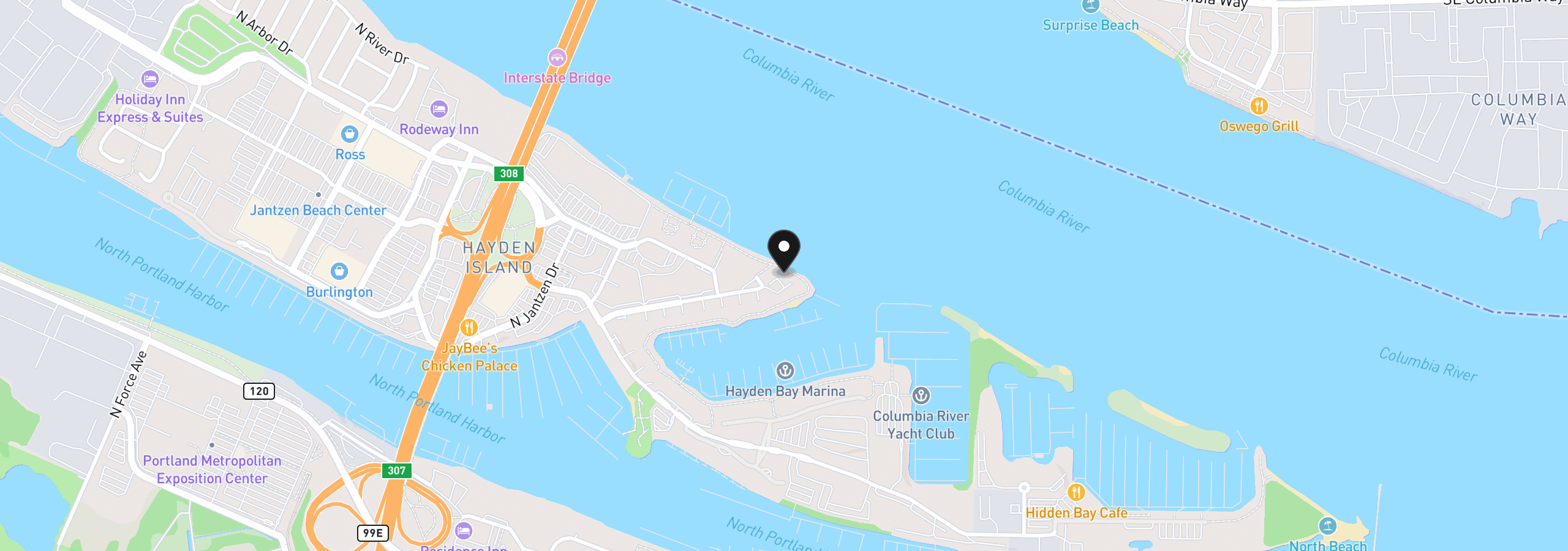 Map showing the location of 87 N Hayden Bay Dr, Portland, OR 97217