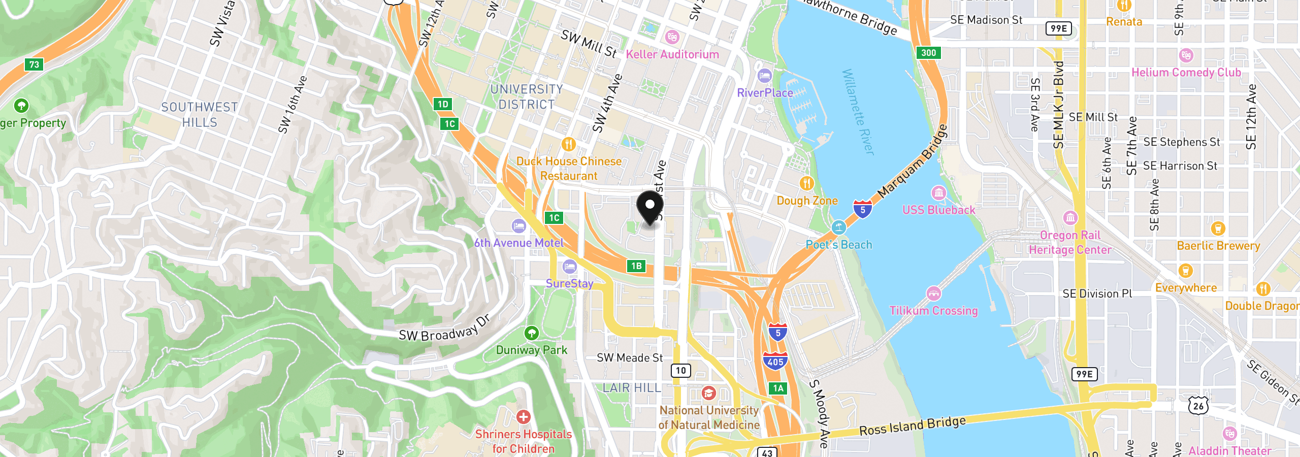 Map showing the location of 2221 SW 1st Ave 222, Portland, OR 97201