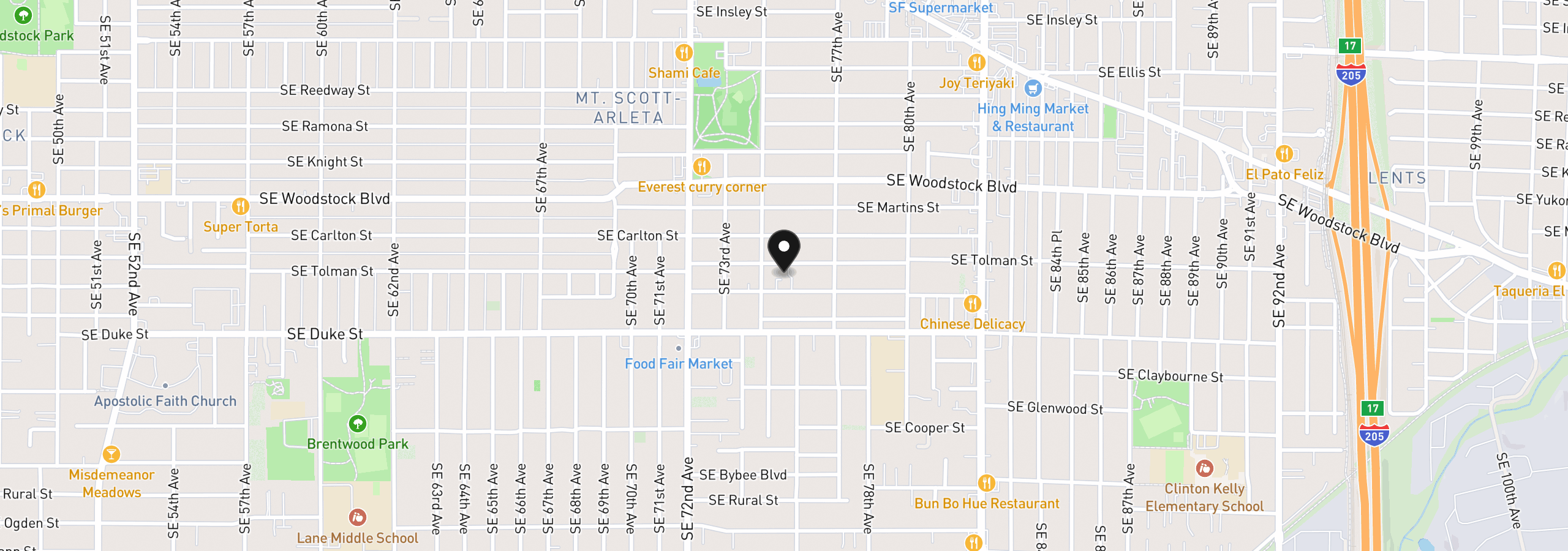 Map showing the location of 7458 SE Tolman St, Portland, OR 97206