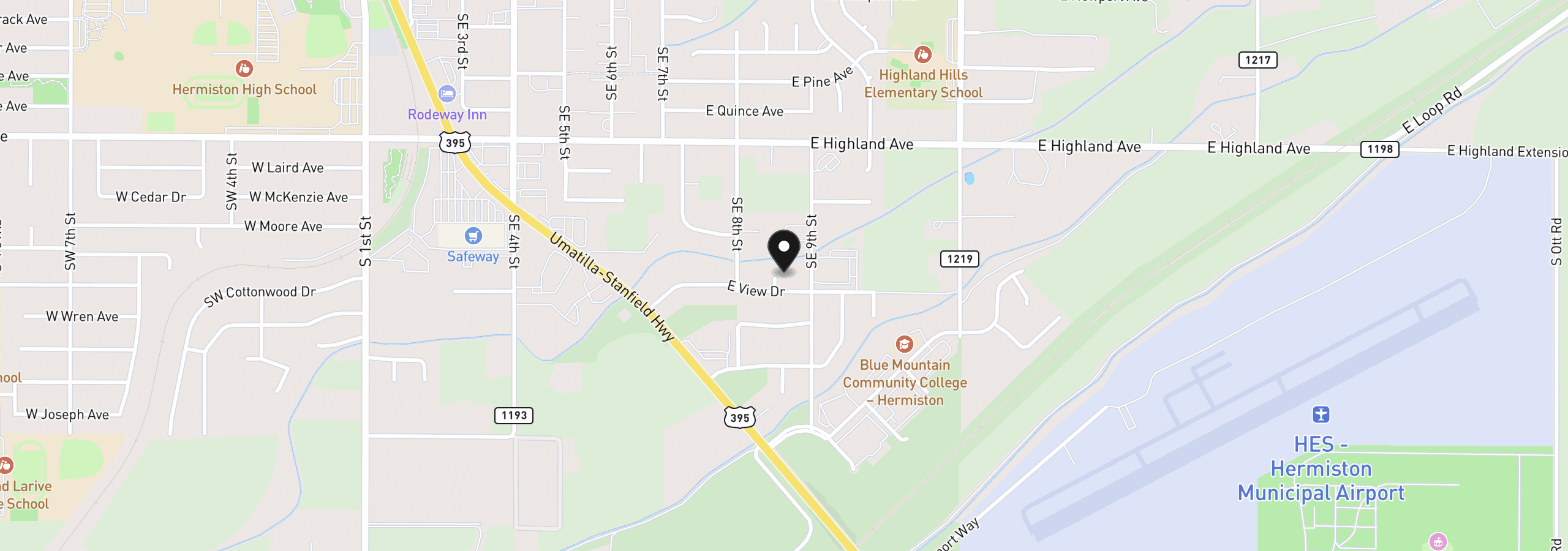 Map showing the location of 1085 SE View Cir, Hermiston, OR 97838