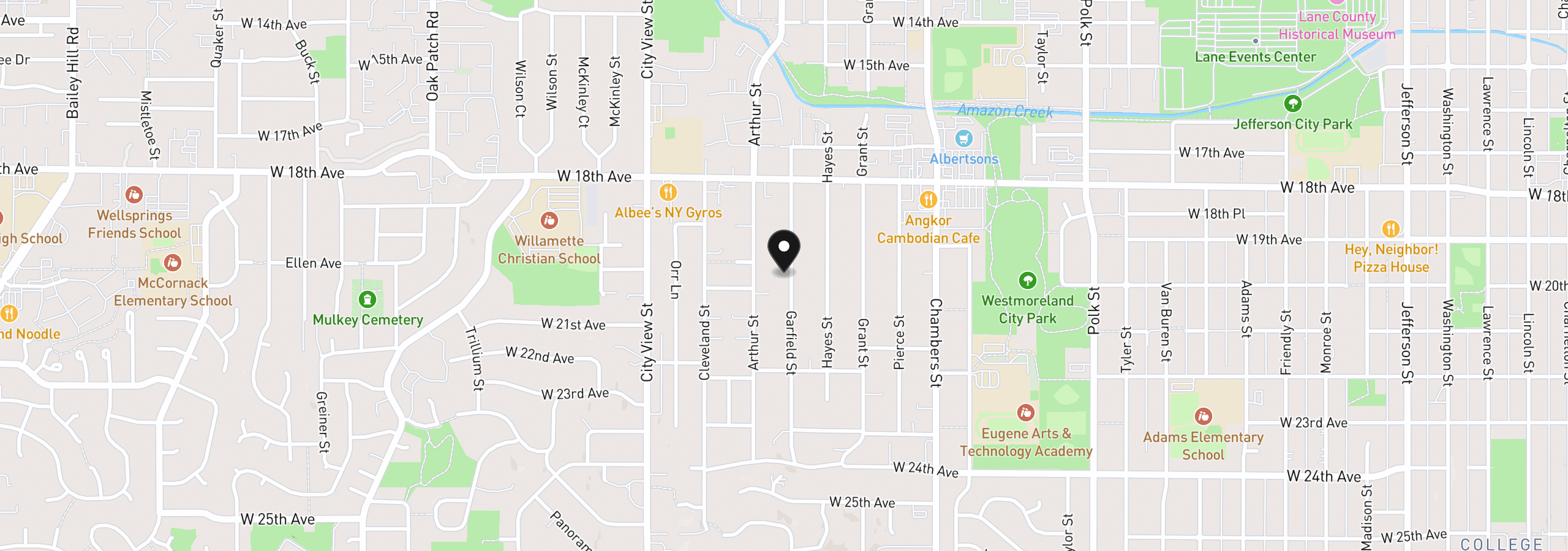 Map showing the location of 1990 Garfield St, Eugene, OR 97405