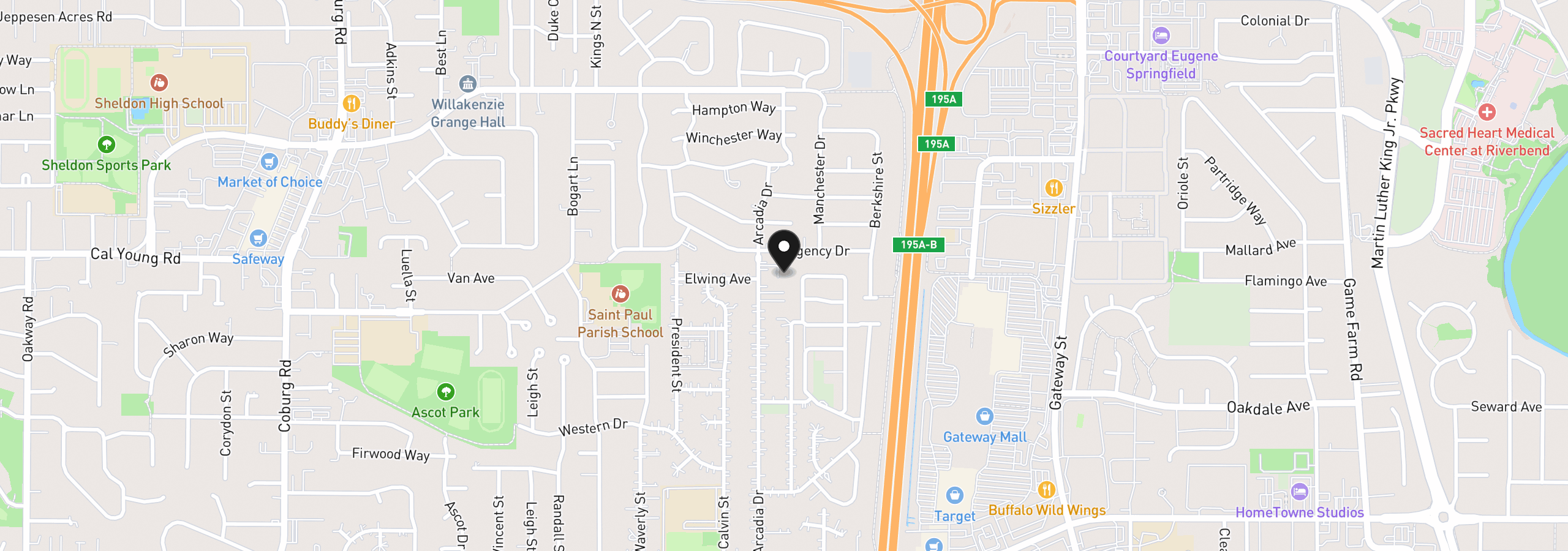 Map showing the location of 1315 Arcadia Dr, Eugene, OR 97401