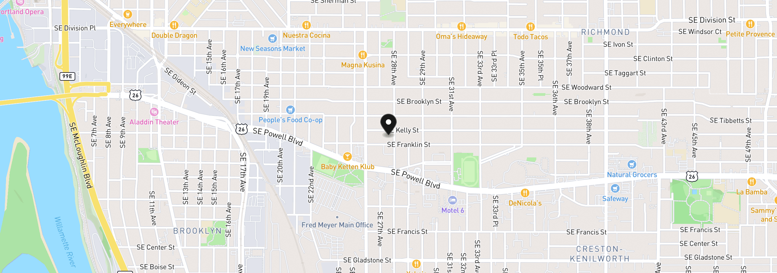 Map showing the location of 3217 SE 28th Ave, Portland, OR 97202