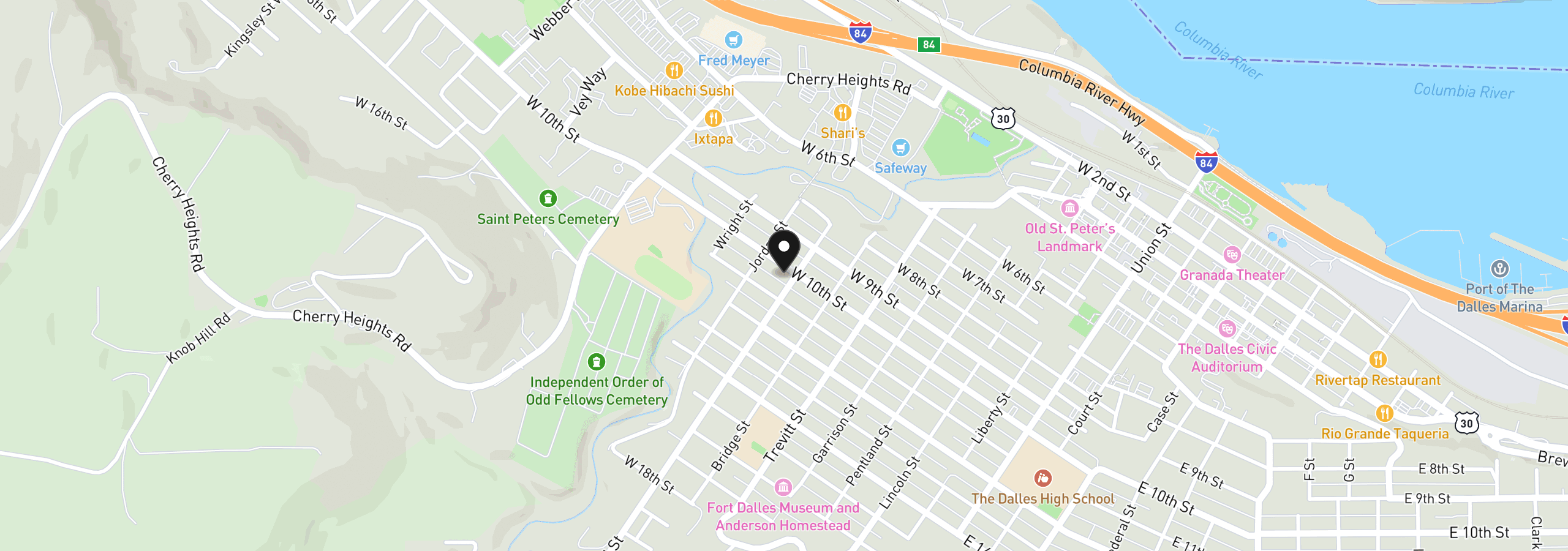 Map showing the location of 804 W 10th St, The Dalles, OR 97058