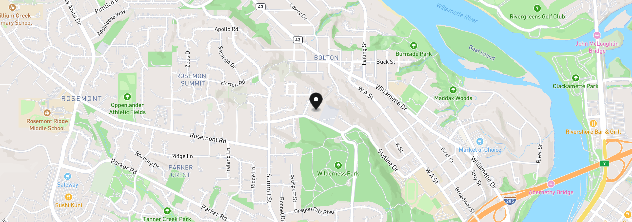 Map showing the location of 6157 Skyline Dr, West Linn, OR 97068