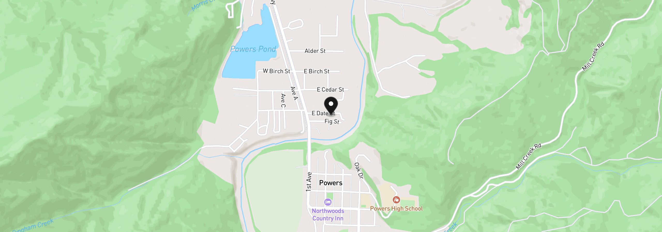 Map showing the location of 160 E Date St, Powers, OR 97466