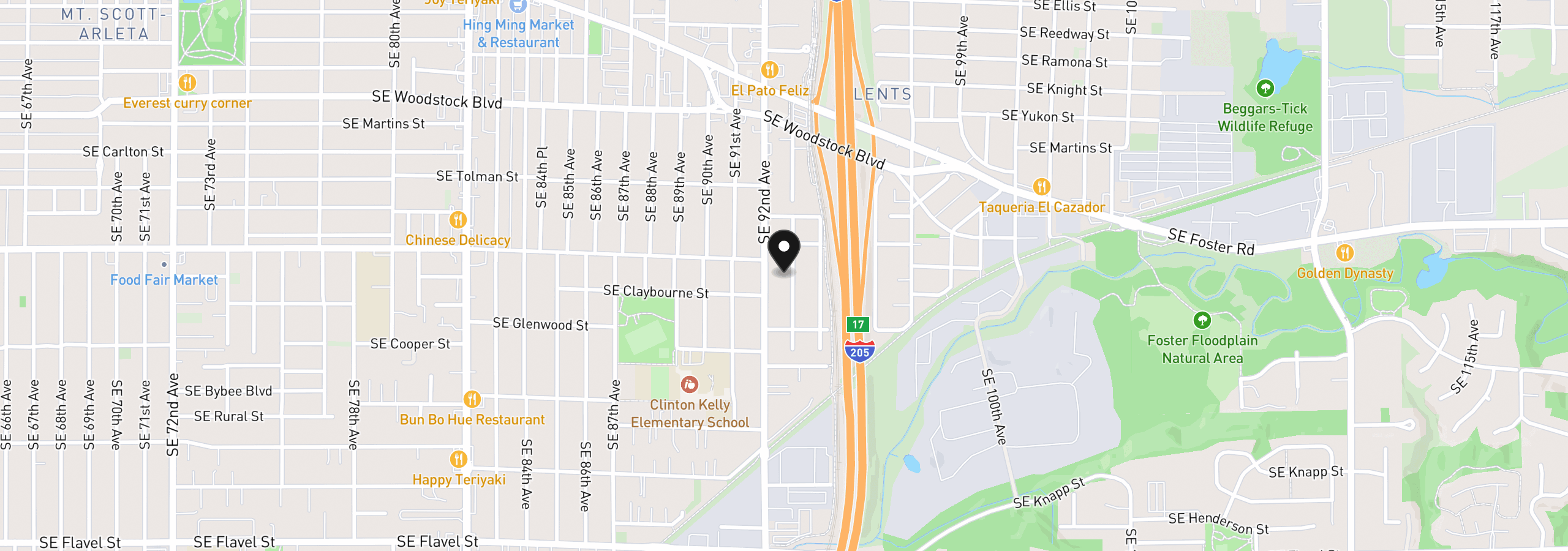 Map showing the location of 6541 SE 93rd Ave, Portland, OR 97266