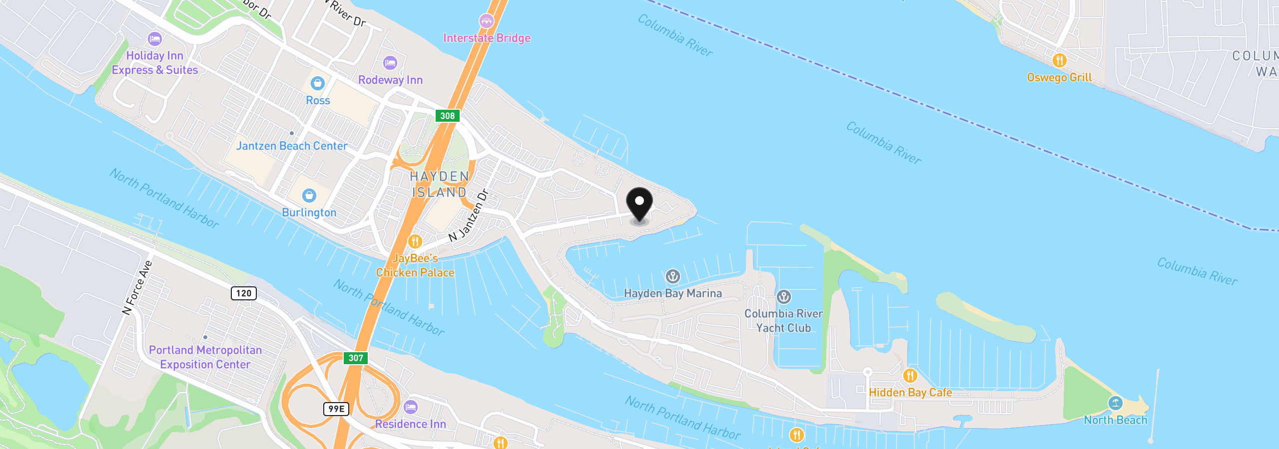 Map showing the location of 230 N Hayden Bay Dr, Portland, OR 97217