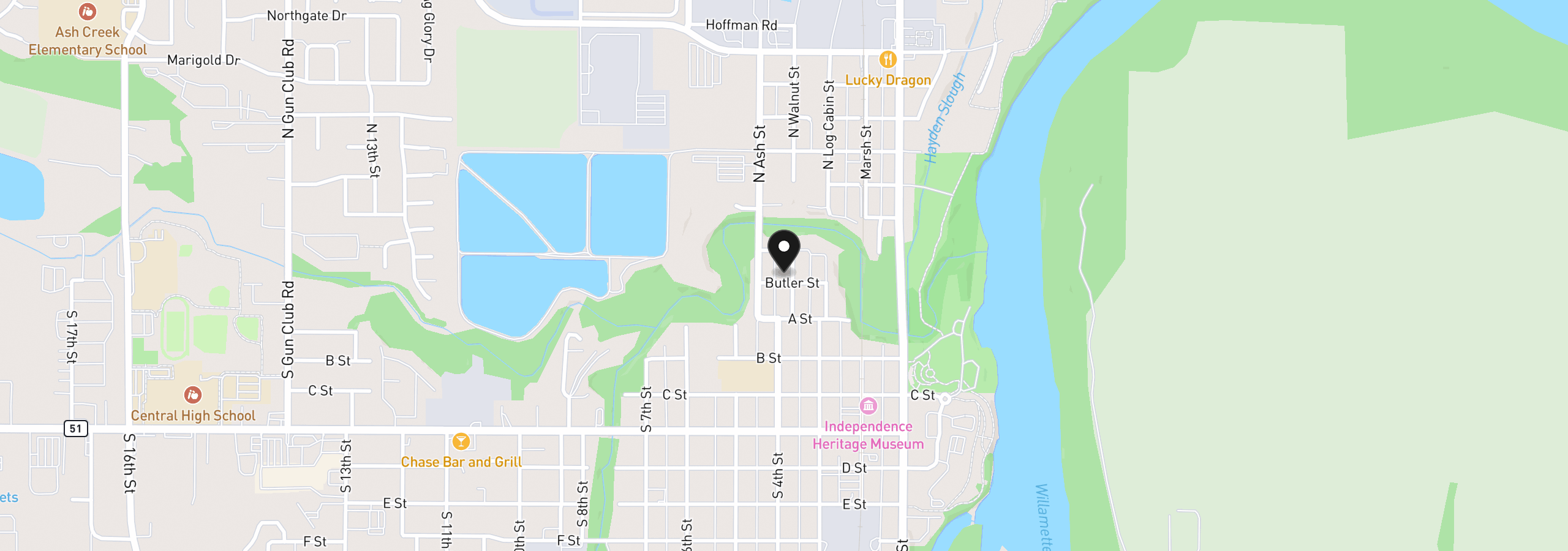 Map showing the location of 114 Walnut St, Independence, OR 97351