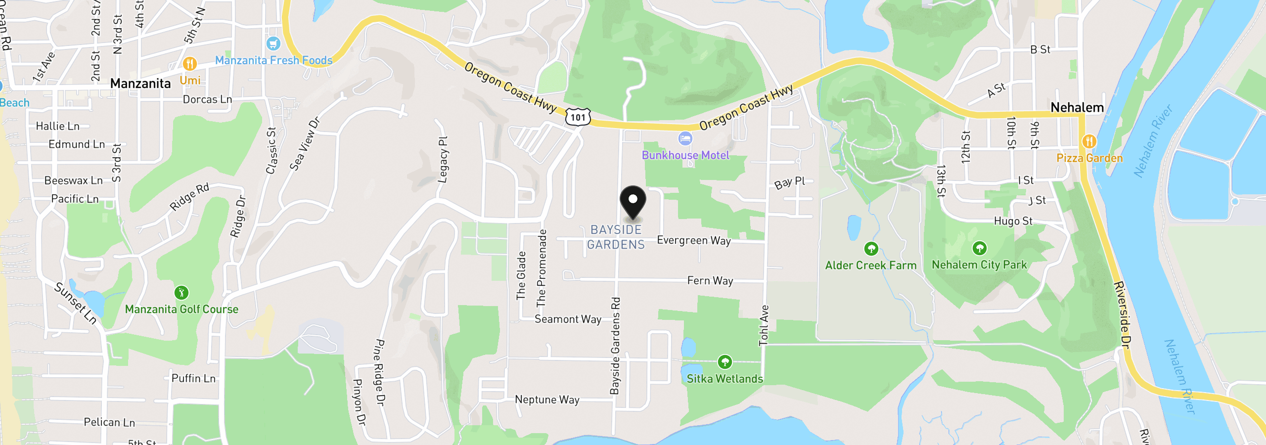 Map showing the location of 35233 Bayside Gardens Rd, Nehalem, OR 97131