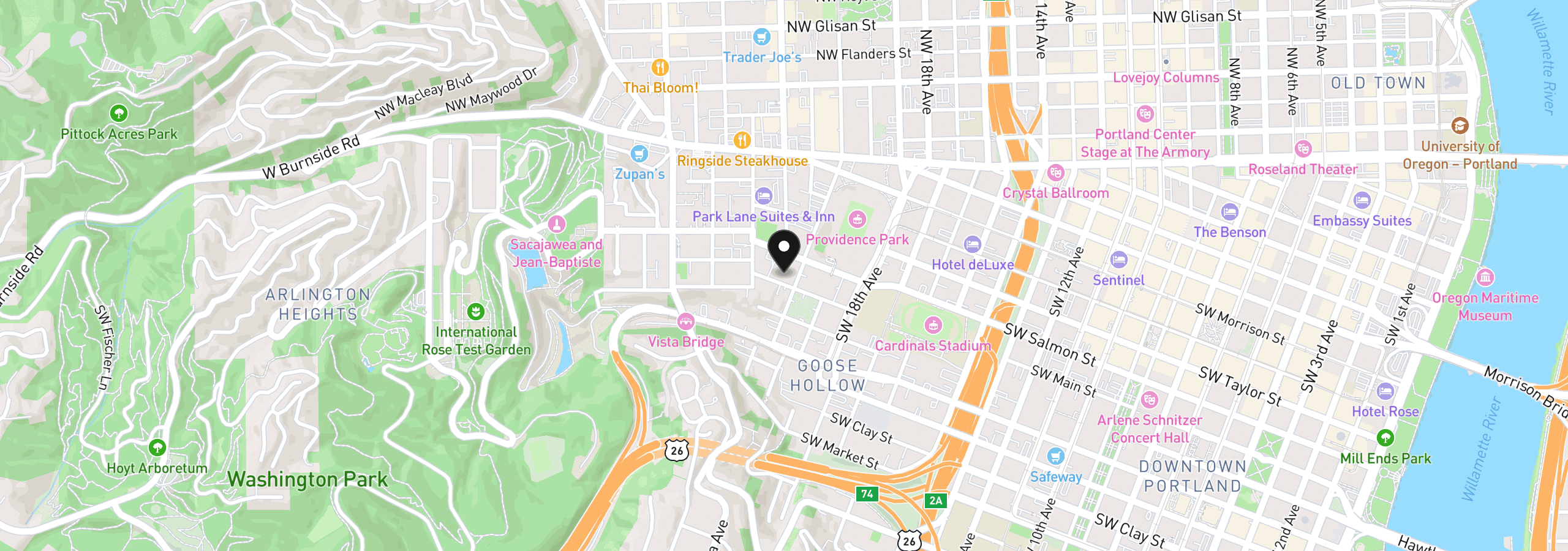 Map showing the location of 2021 SW Main St 48, Portland, OR 97205