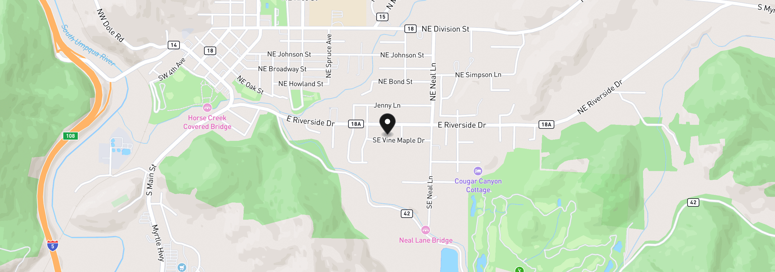 Map showing the location of 837 SE Vine Maple Dr, Myrtle Creek, OR 97457